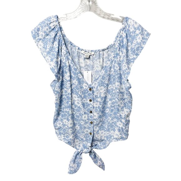 NWT American Eagle Top with Tie Front Detail Blue White Floral Print- Size Small - Picture 2 of 8